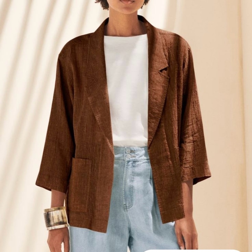 Poetry Lagenlook Brown Cotton Linen 3/4 Oversized Blazer